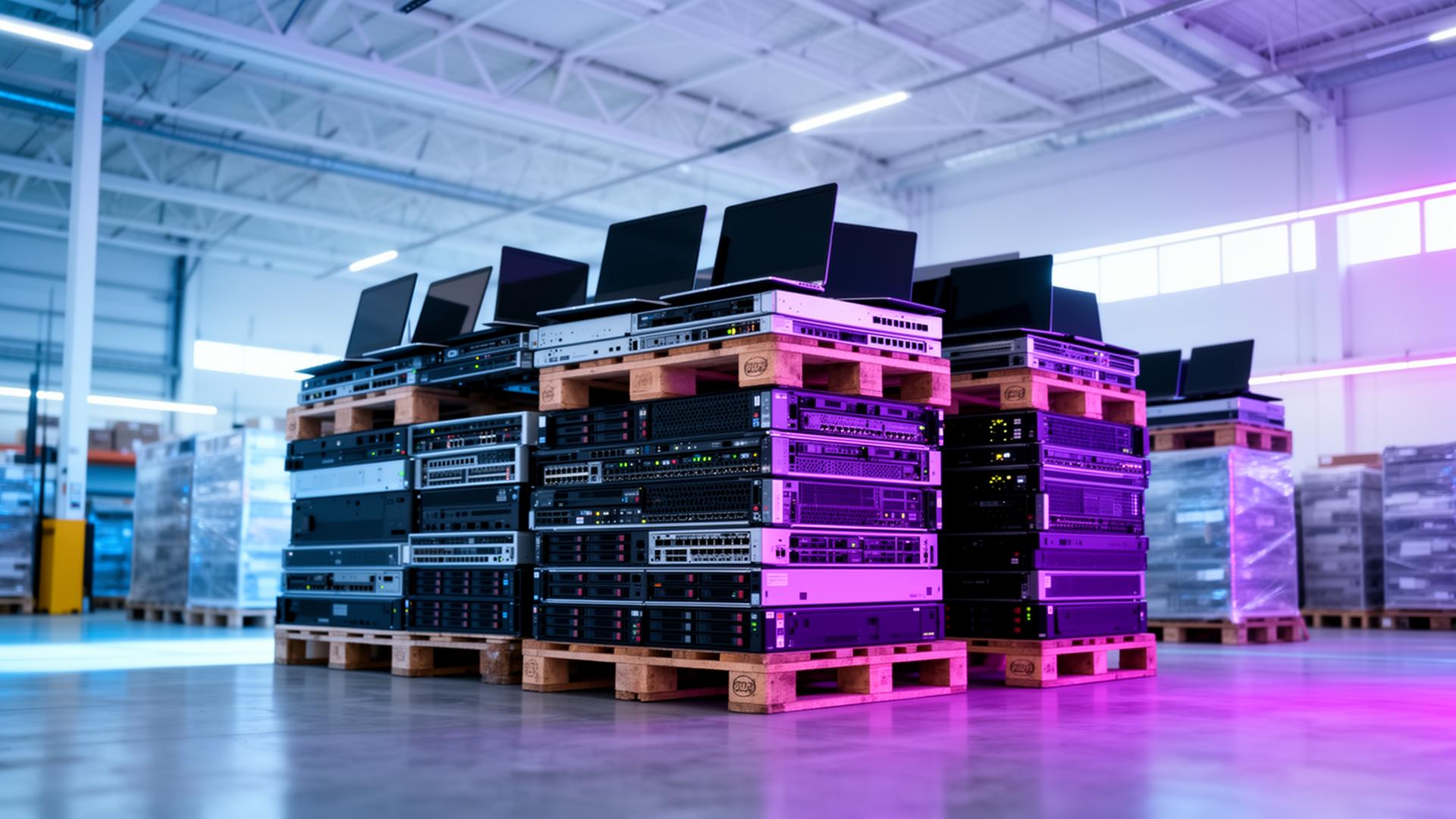 Stacked pallets of enterprise IT equipment in a modern warehouse