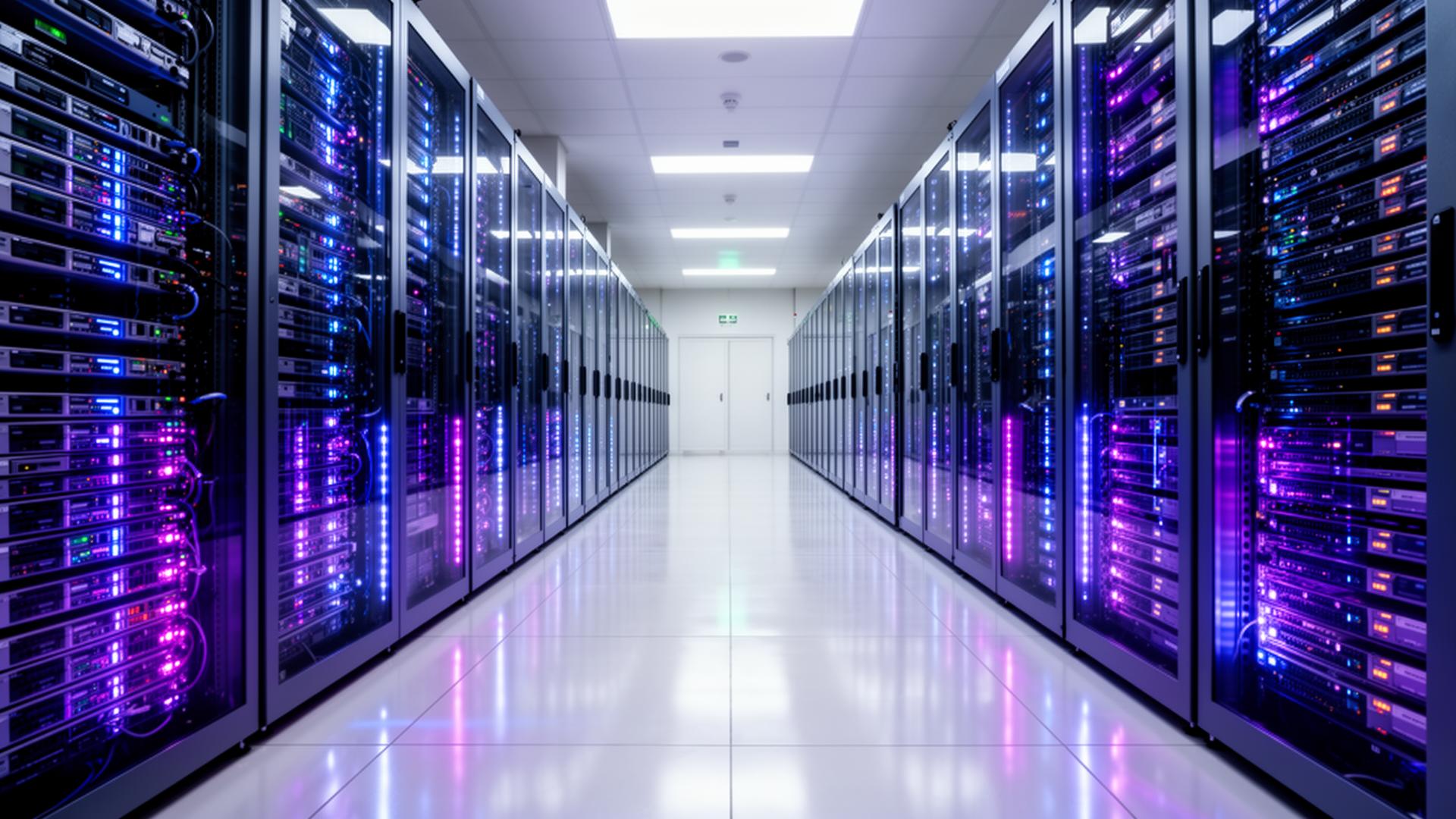 Bright data center aisle lined with glowing server racks