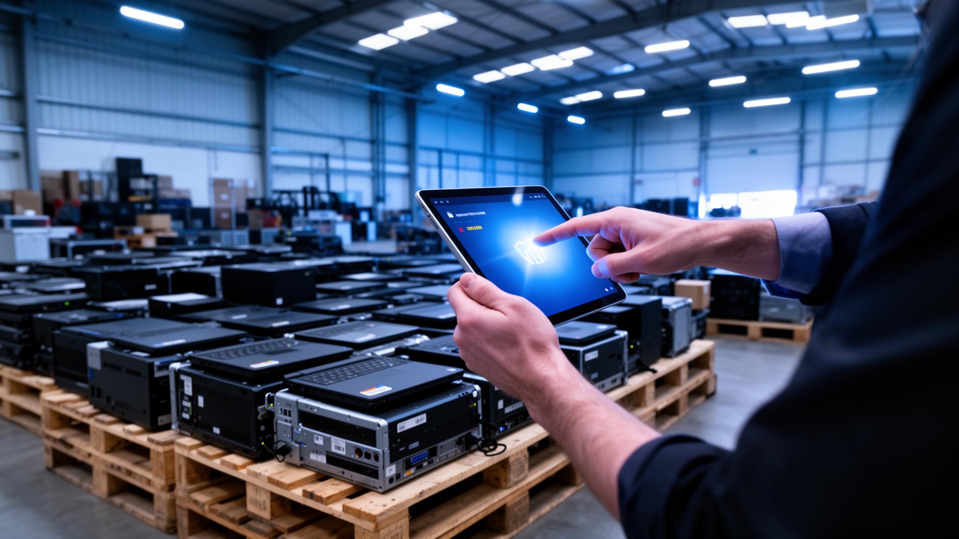 Warehouse tablet inventory check over a pallet of hardware