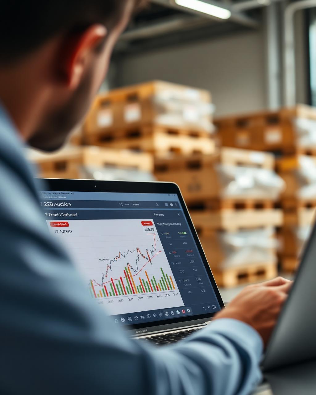 Professional reviewing a live B2B auction dashboard on a laptop