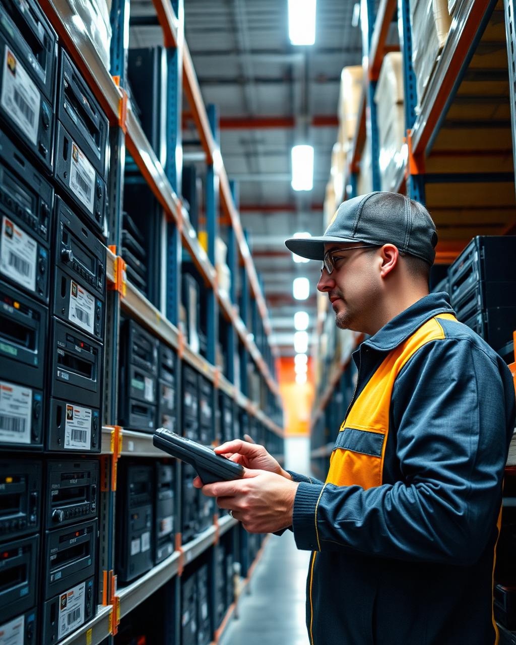 Warehouse worker scanning barcoded enterprise hardware
