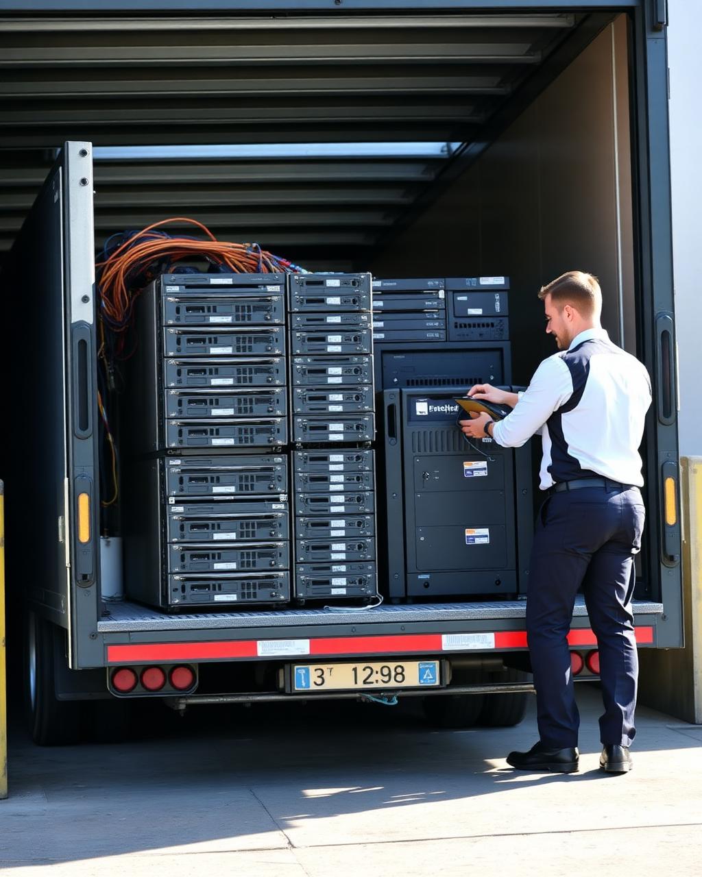 IT technicians loading retired server hardware onto a truck