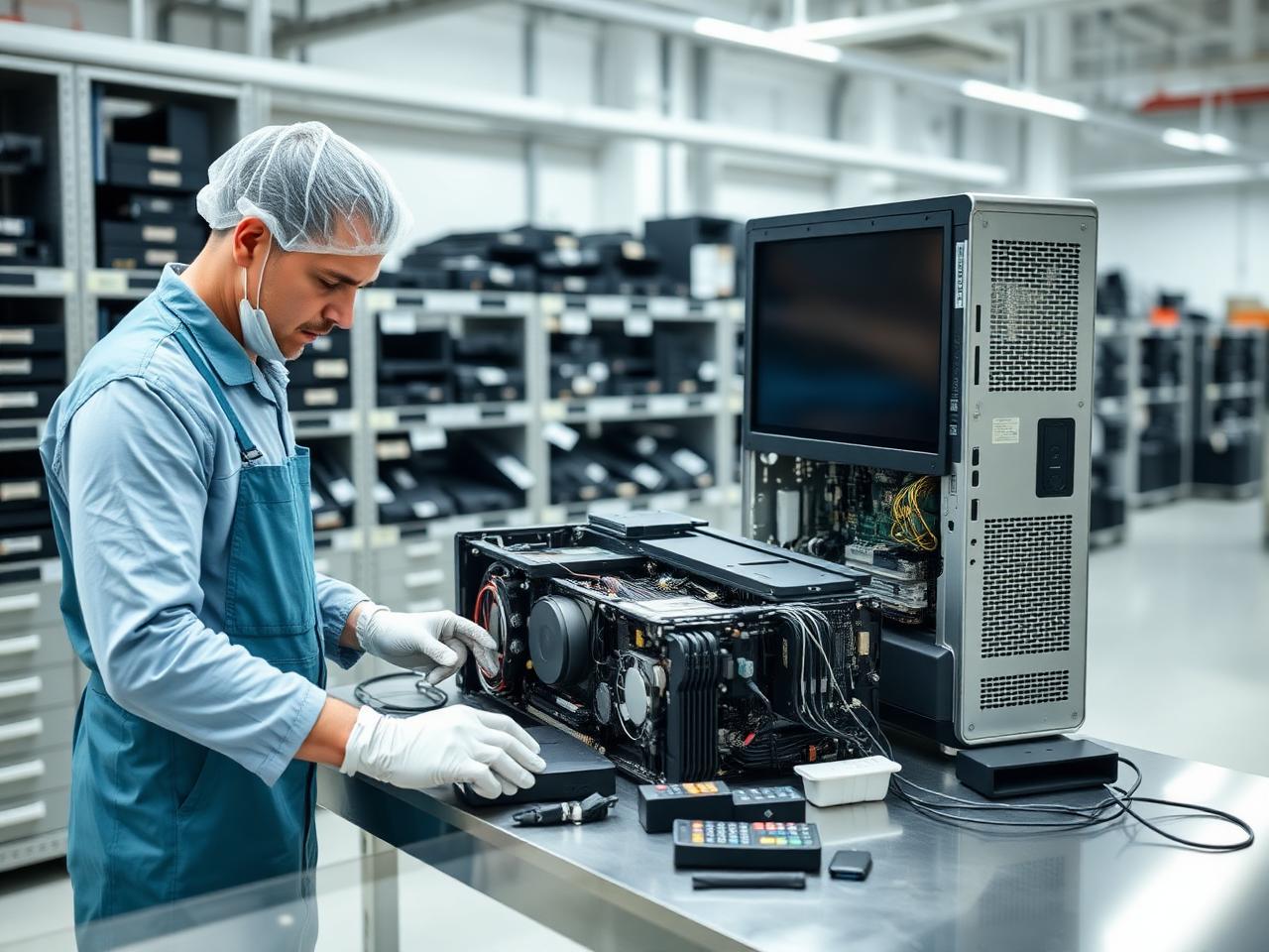 Technician dismantling equipment at recycling facility